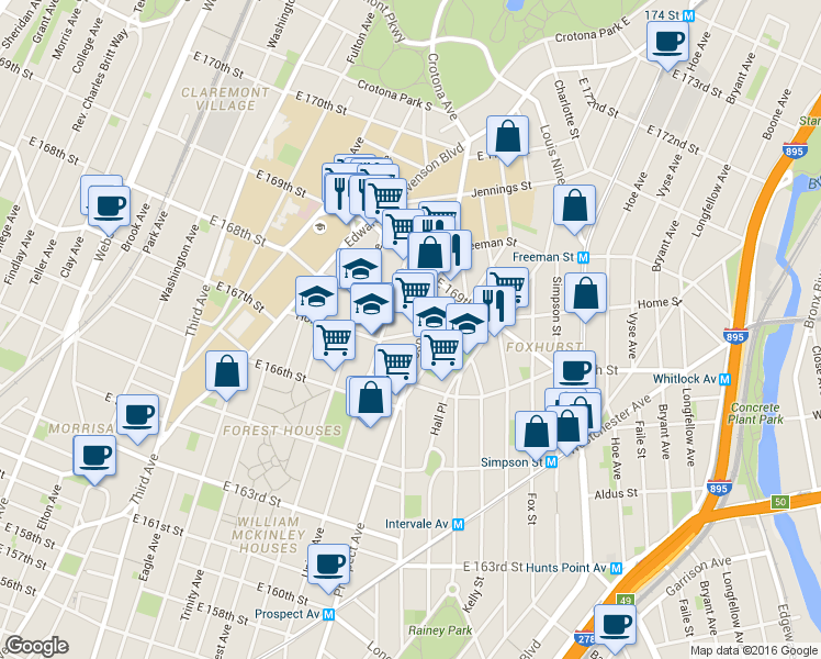 map of restaurants, bars, coffee shops, grocery stores, and more near 810 East 168th Street in Bronx