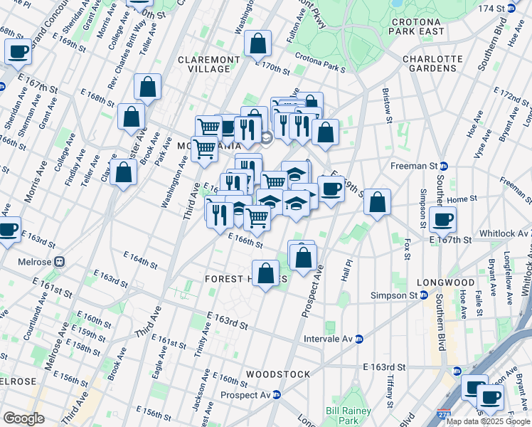 map of restaurants, bars, coffee shops, grocery stores, and more near 1157 Forest Avenue in Bronx