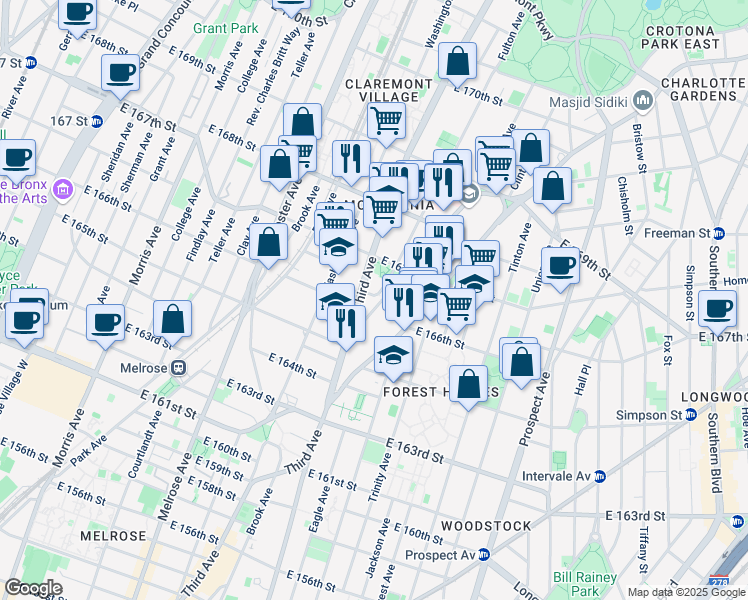 map of restaurants, bars, coffee shops, grocery stores, and more near 3416 Third Avenue in The Bronx