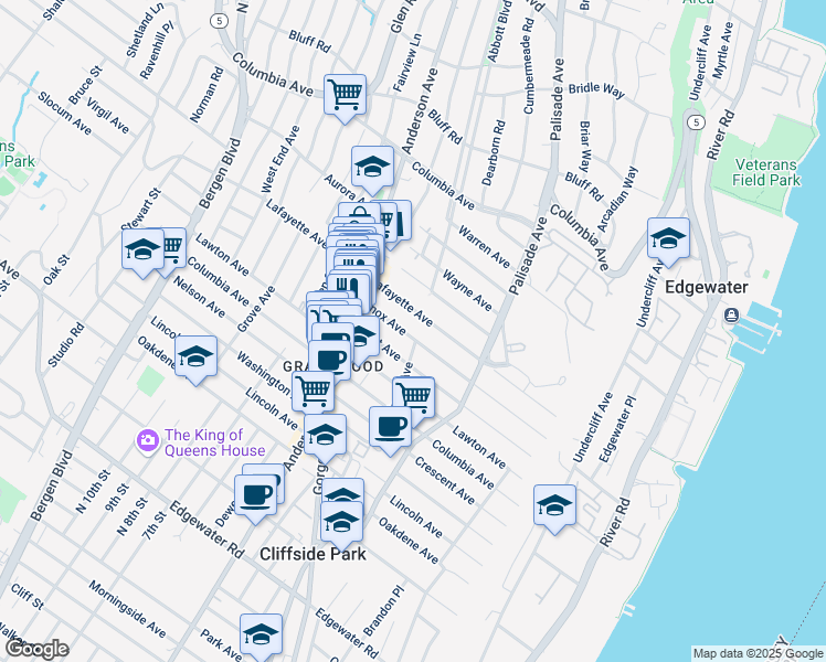 map of restaurants, bars, coffee shops, grocery stores, and more near 272 Lafayette Avenue in Cliffside Park