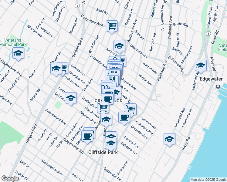map of restaurants, bars, coffee shops, grocery stores, and more near in Cliffside Park