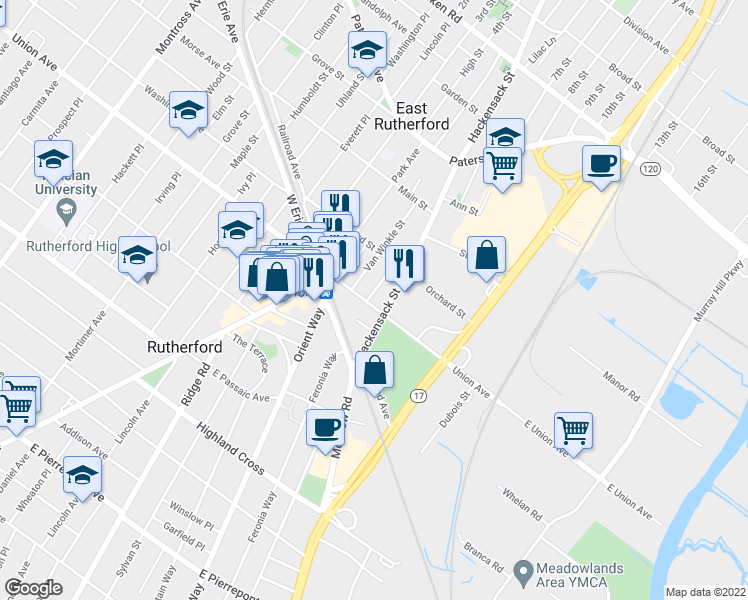 map of restaurants, bars, coffee shops, grocery stores, and more near 248 Summer Street in East Rutherford