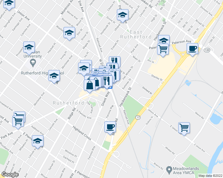 map of restaurants, bars, coffee shops, grocery stores, and more near 167 Union Avenue in East Rutherford