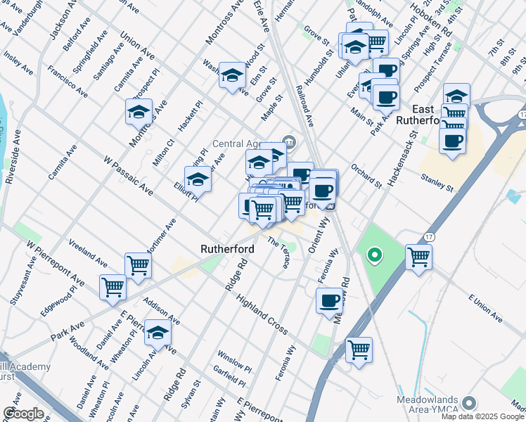 map of restaurants, bars, coffee shops, grocery stores, and more near 74 Kip Avenue in Rutherford