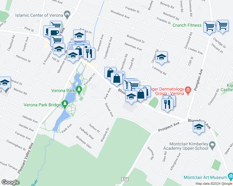 map of restaurants, bars, coffee shops, grocery stores, and more near 360 Bloomfield Avenue in Verona