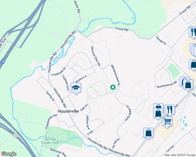 map of restaurants, bars, coffee shops, grocery stores, and more near 168 Kuhns Lane in State College