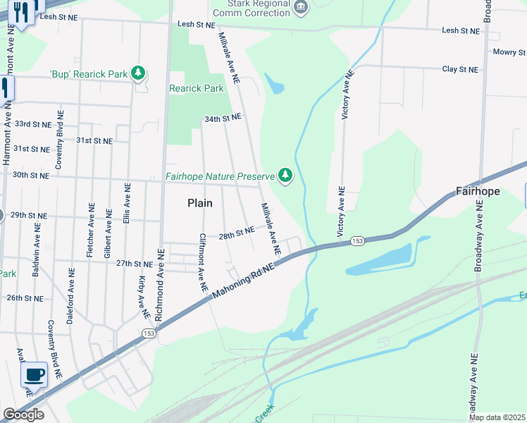 map of restaurants, bars, coffee shops, grocery stores, and more near 2920 Millvale Avenue Northeast in Canton