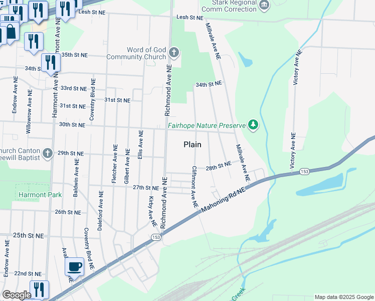 map of restaurants, bars, coffee shops, grocery stores, and more near 4132 30th Street Northeast in Canton