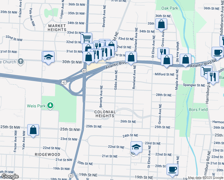 map of restaurants, bars, coffee shops, grocery stores, and more near 921 29th Street Northeast in Canton