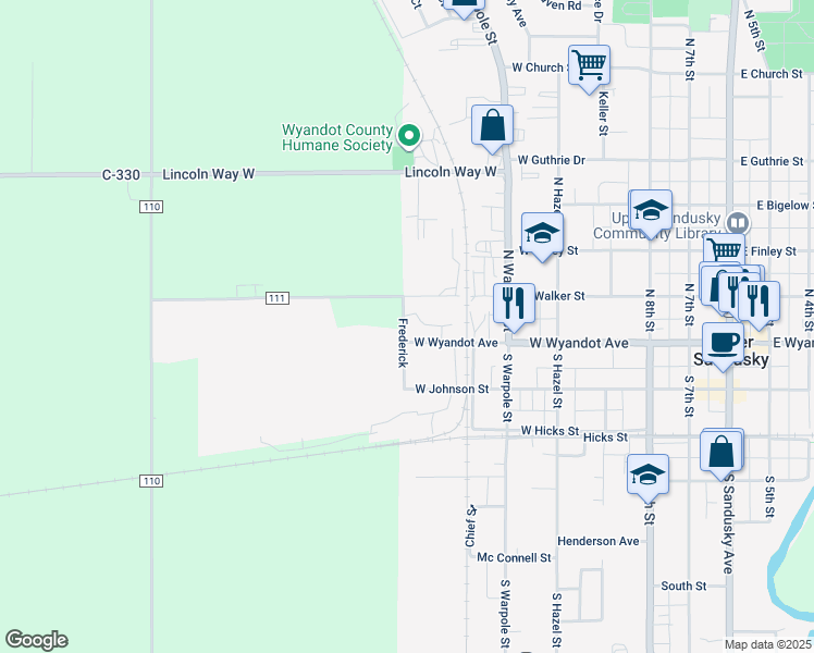 map of restaurants, bars, coffee shops, grocery stores, and more near 9513 County Road 111 in Upper Sandusky