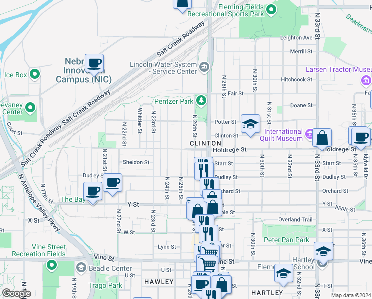 map of restaurants, bars, coffee shops, grocery stores, and more near 1510 North 25th Street in Lincoln