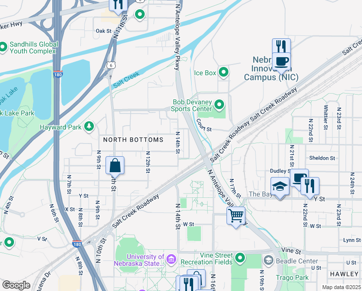 map of restaurants, bars, coffee shops, grocery stores, and more near 1515 North 15th Street in Lincoln