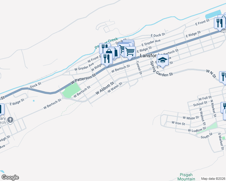 map of restaurants, bars, coffee shops, grocery stores, and more near 222 W Abbott St in Lansford