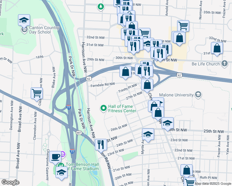 map of restaurants, bars, coffee shops, grocery stores, and more near 1715 Trinity Place Northwest in Canton