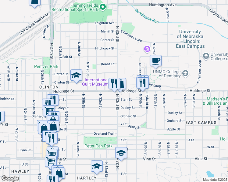 map of restaurants, bars, coffee shops, grocery stores, and more near Holdrege Street in Lincoln