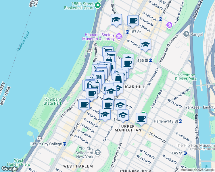 map of restaurants, bars, coffee shops, grocery stores, and more near 545 West 148th Street in New York