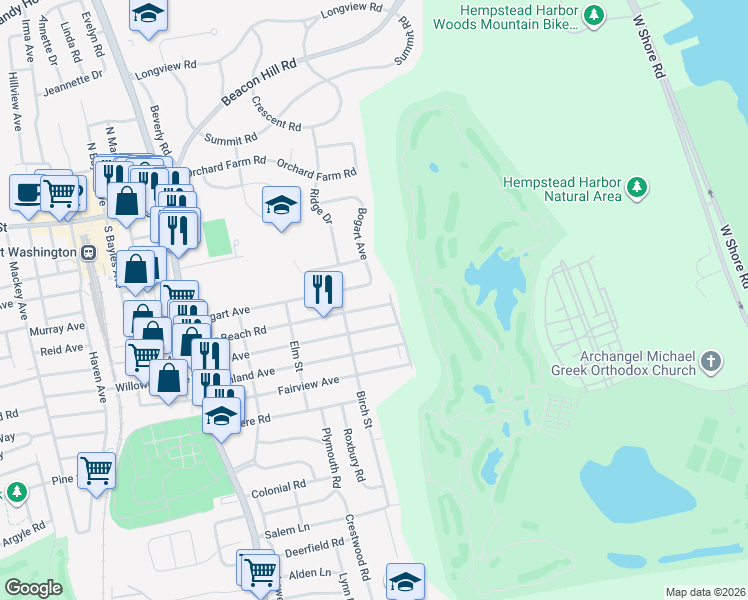 map of restaurants, bars, coffee shops, grocery stores, and more near 48 Bogart Avenue in Port Washington