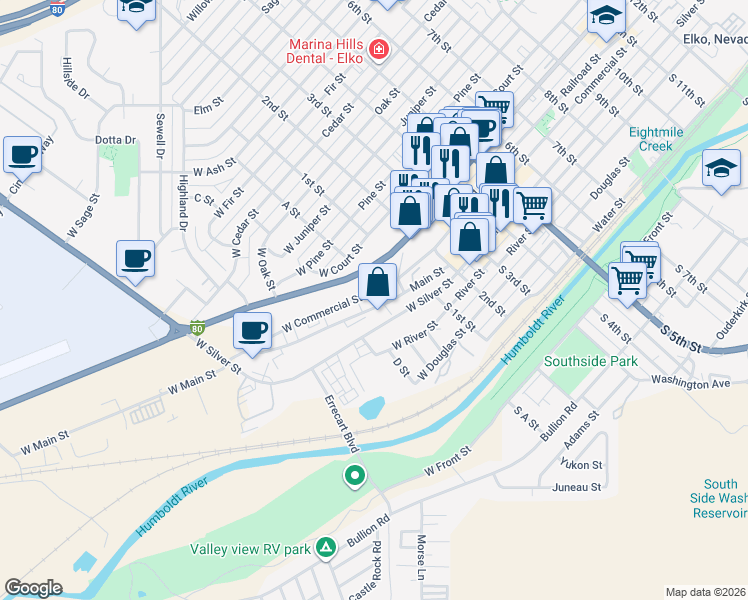 map of restaurants, bars, coffee shops, grocery stores, and more near 217 West Commercial Street in Elko