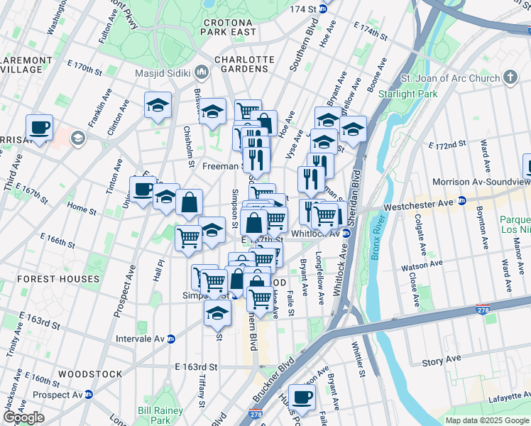 map of restaurants, bars, coffee shops, grocery stores, and more near in The Bronx