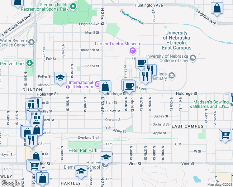 map of restaurants, bars, coffee shops, grocery stores, and more near 3420 Holdrege Street in Lincoln