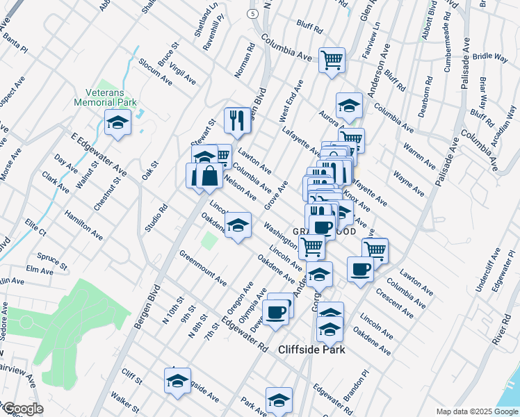 map of restaurants, bars, coffee shops, grocery stores, and more near 438 Nelson Avenue in Cliffside Park