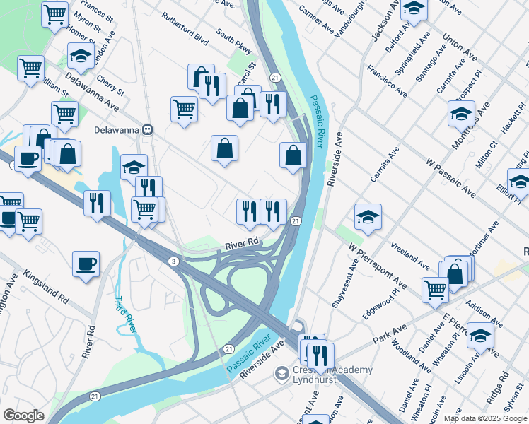 map of restaurants, bars, coffee shops, grocery stores, and more near 51 Johnson Street in Clifton