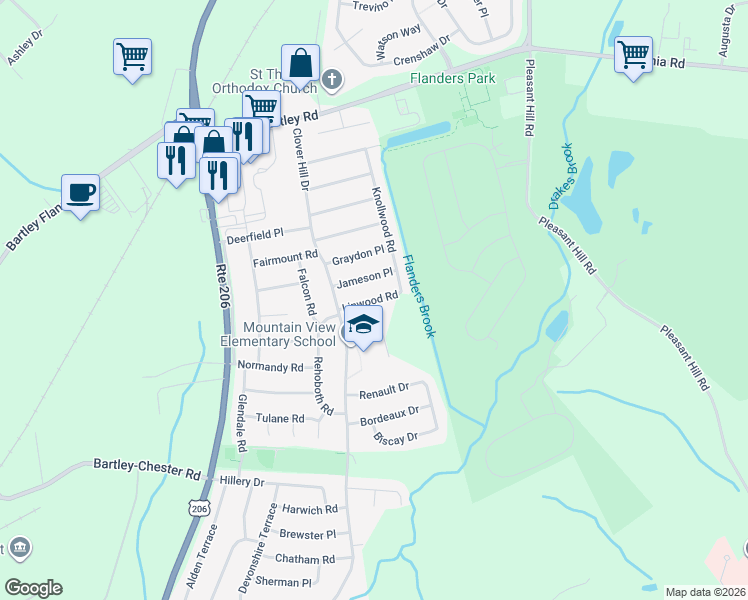 map of restaurants, bars, coffee shops, grocery stores, and more near 13 Linwood Road in Mount Olive