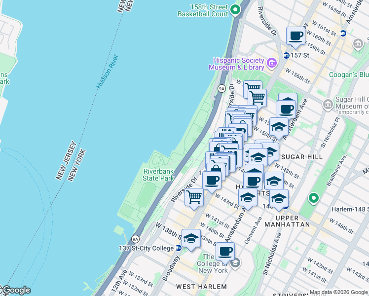 map of restaurants, bars, coffee shops, grocery stores, and more near Hudson River Greenway in New York