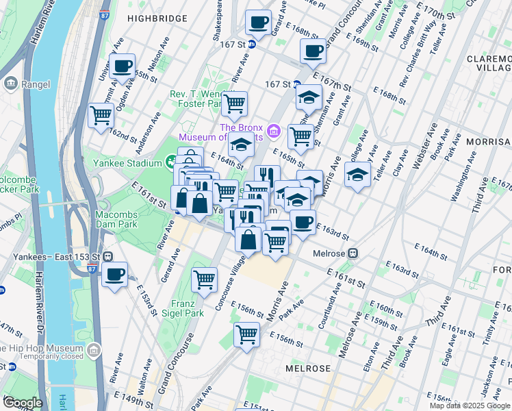 map of restaurants, bars, coffee shops, grocery stores, and more near 180 East 163rd Street in Bronx