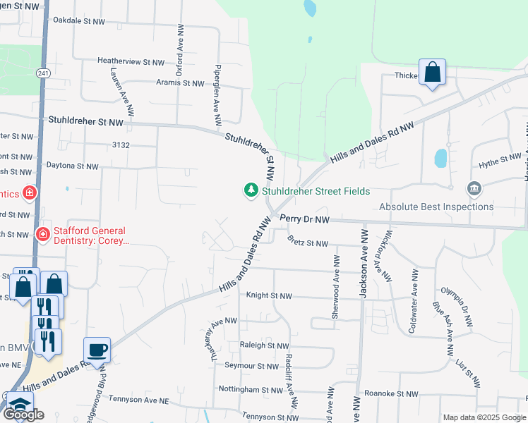 map of restaurants, bars, coffee shops, grocery stores, and more near 7255 Hills and Dales Road Northwest in Massillon