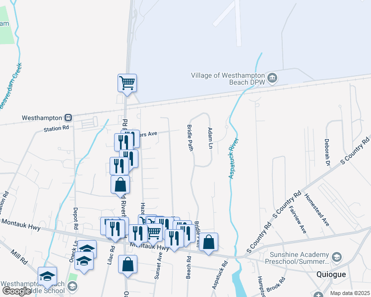 map of restaurants, bars, coffee shops, grocery stores, and more near 41 Bridle Path in Westhampton Beach