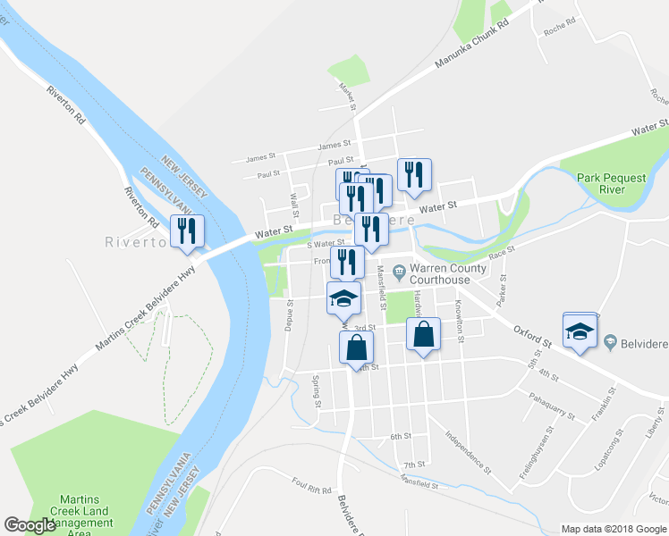 map of restaurants, bars, coffee shops, grocery stores, and more near 78 Front Street in Belvidere
