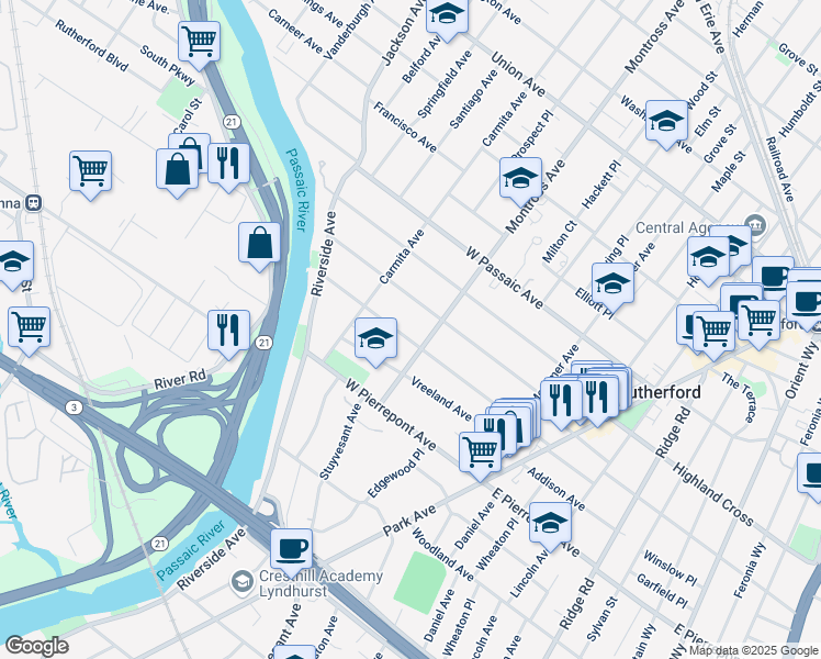 map of restaurants, bars, coffee shops, grocery stores, and more near 163 Woodward Avenue in Rutherford