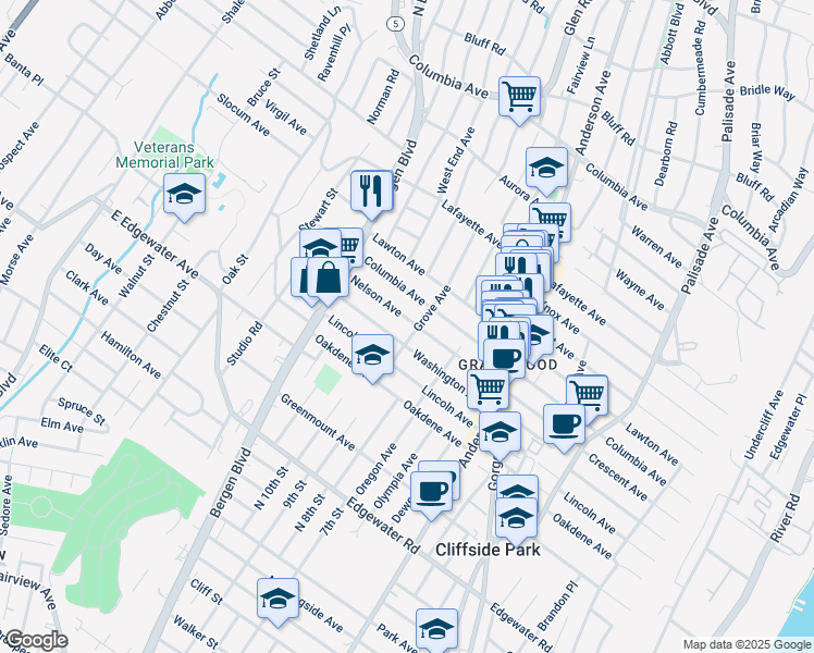 map of restaurants, bars, coffee shops, grocery stores, and more near 438 Nelson Avenue in Cliffside Park