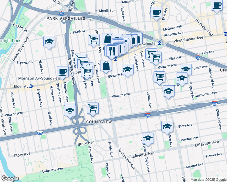 map of restaurants, bars, coffee shops, grocery stores, and more near 1115 Commonwealth Avenue in The Bronx