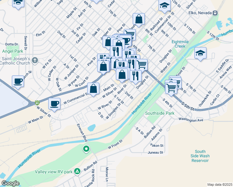 map of restaurants, bars, coffee shops, grocery stores, and more near 133 West River Street in Elko