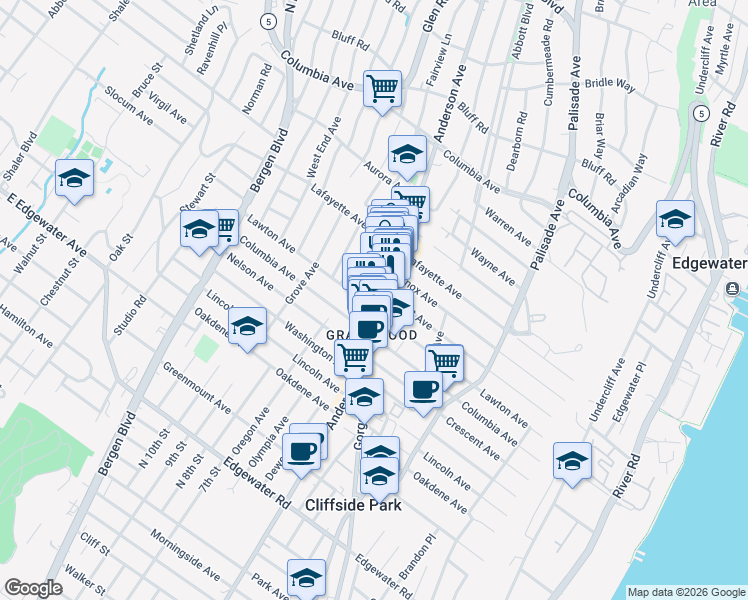 map of restaurants, bars, coffee shops, grocery stores, and more near 695 Anderson Avenue in Cliffside Park
