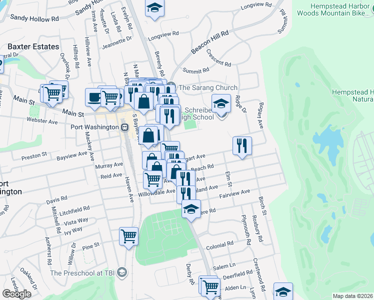 map of restaurants, bars, coffee shops, grocery stores, and more near 52 Campus Drive in Port Washington