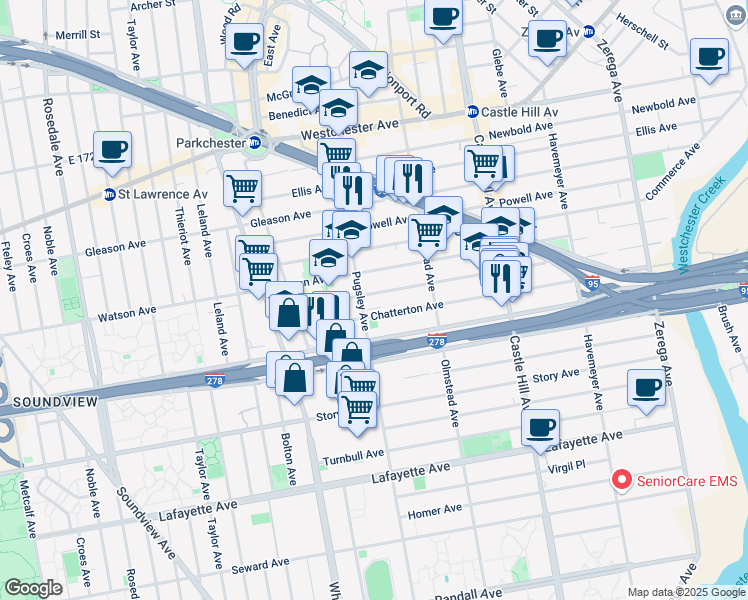 map of restaurants, bars, coffee shops, grocery stores, and more near 2019 Blackrock Avenue in Bronx