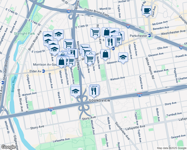 map of restaurants, bars, coffee shops, grocery stores, and more near 1143 Croes Avenue in Bronx