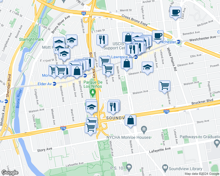 map of restaurants, bars, coffee shops, grocery stores, and more near 1143 Croes Avenue in Bronx