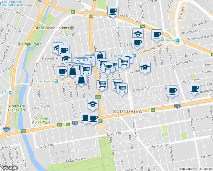 map of restaurants, bars, coffee shops, grocery stores, and more near 1140 Metcalf Avenue in Bronx