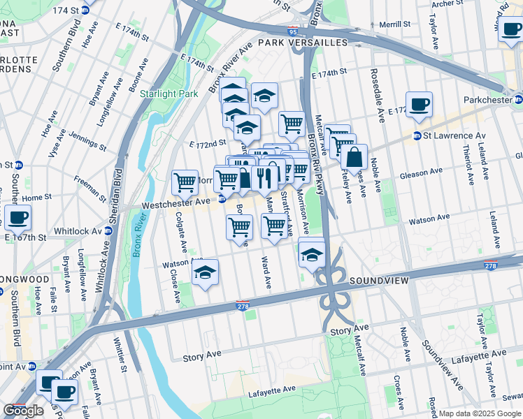 map of restaurants, bars, coffee shops, grocery stores, and more near 1167 Manor Avenue in Bronx