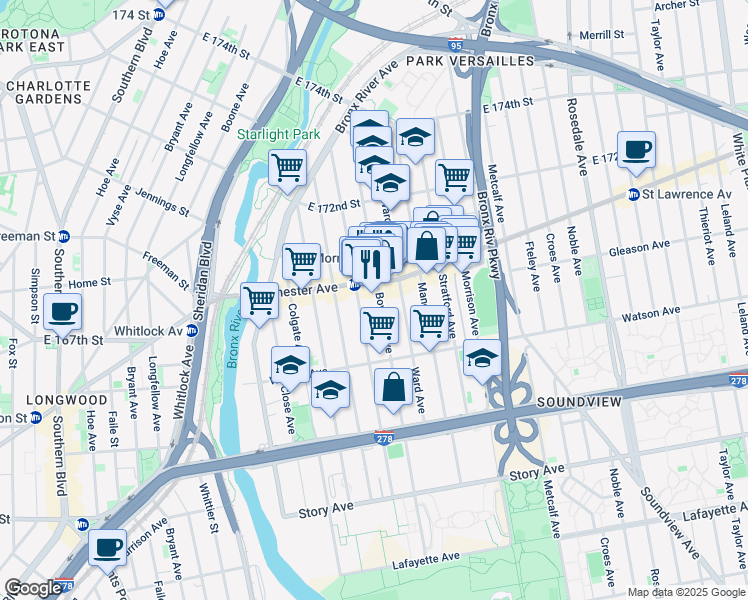 map of restaurants, bars, coffee shops, grocery stores, and more near 1540 Westchester Avenue in The Bronx