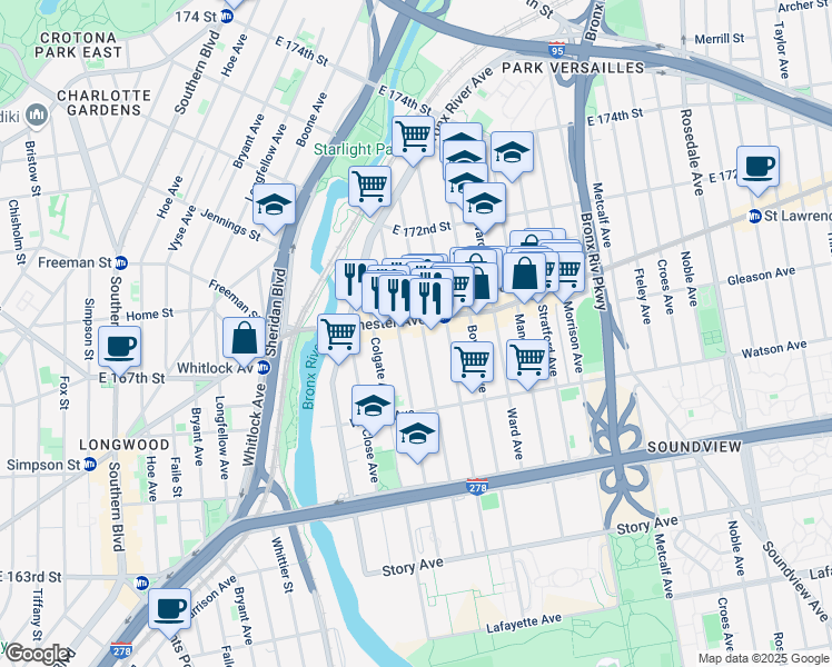 map of restaurants, bars, coffee shops, grocery stores, and more near in The Bronx