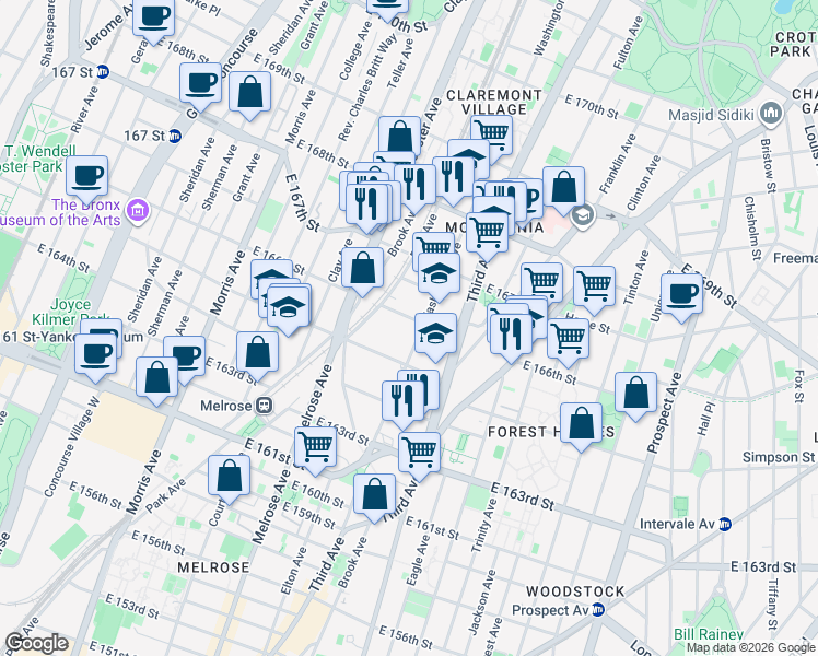 map of restaurants, bars, coffee shops, grocery stores, and more near 422 East 166th Street in Bronx