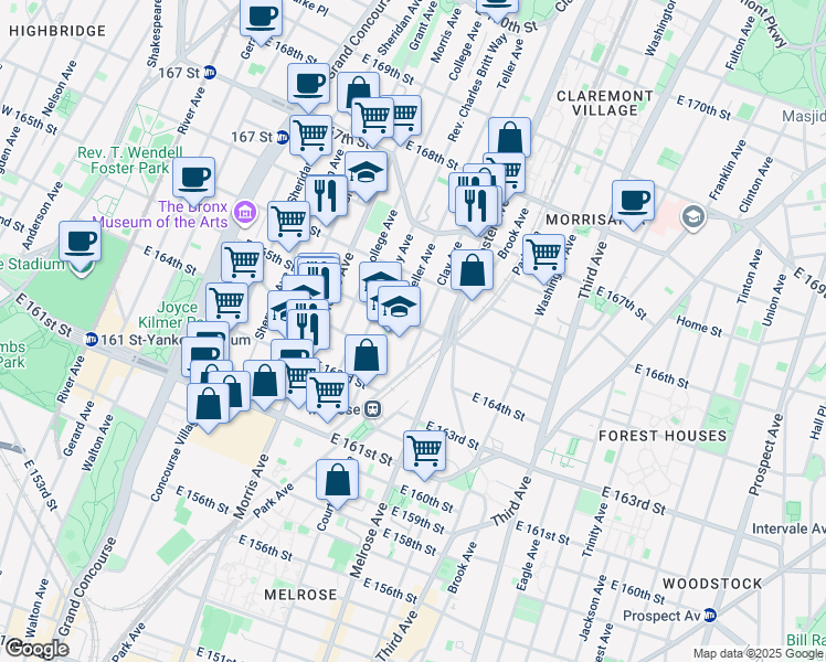 map of restaurants, bars, coffee shops, grocery stores, and more near in Bronx