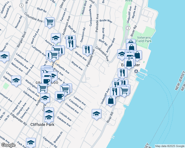 map of restaurants, bars, coffee shops, grocery stores, and more near 1 Kings Court in Fort Lee