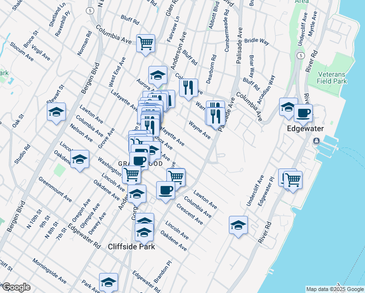 map of restaurants, bars, coffee shops, grocery stores, and more near 246 Franklin Avenue in Cliffside Park