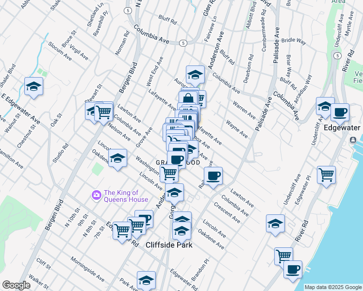 map of restaurants, bars, coffee shops, grocery stores, and more near 695 Anderson Avenue in Cliffside Park